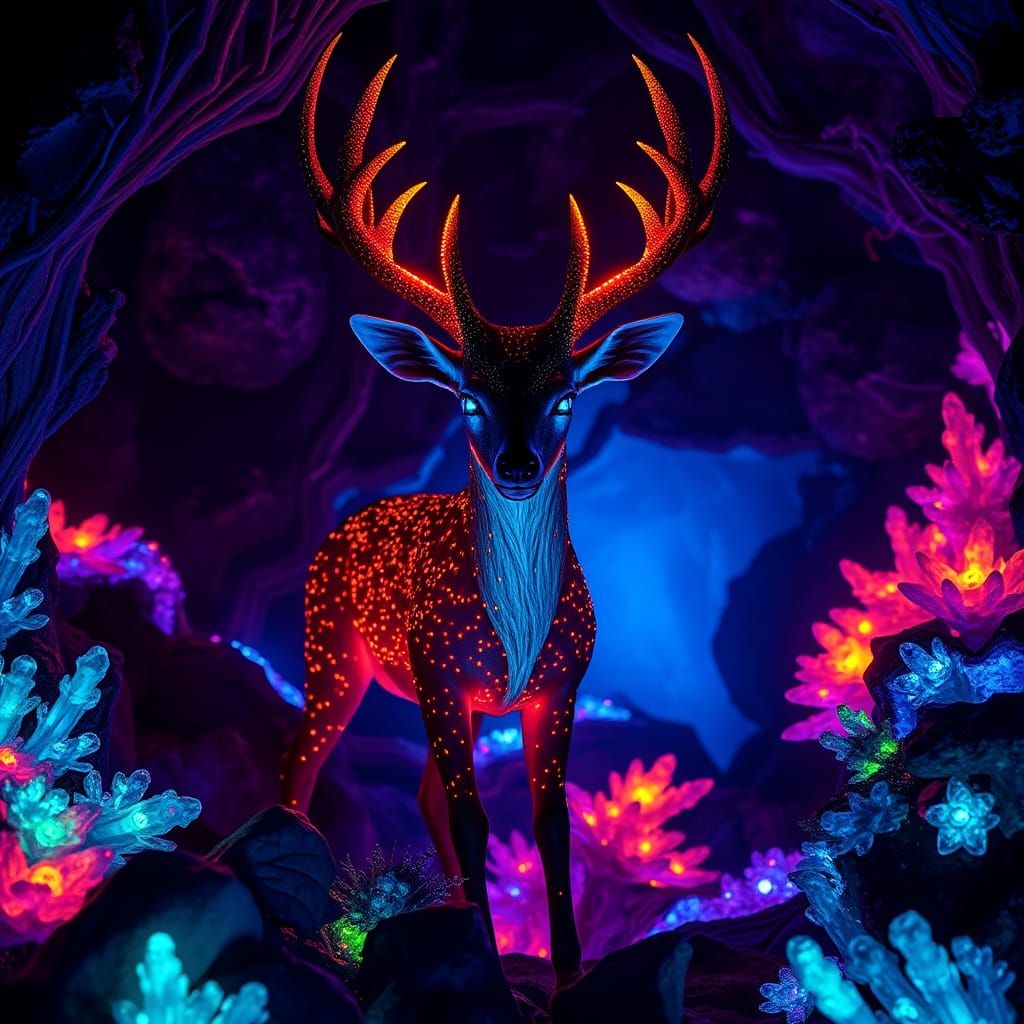 Mythical Leucrotta Emerges from Dark Midnight Blue Grotto