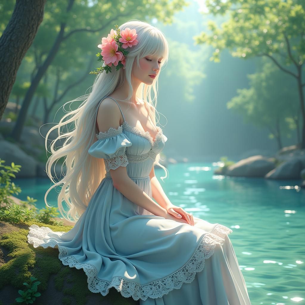 Ethereal Landscape with Floral-Crowned Woman in Victorian-St...