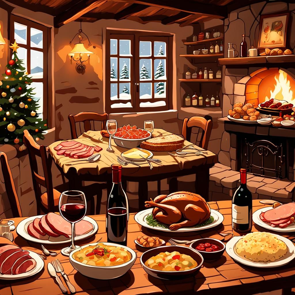 Warm Christmas Dinner in Cozy Cottage Setting