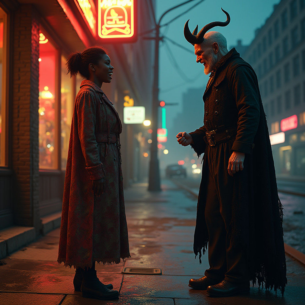 Mature Black Woman Confronts Pale Demon Lord on 42nd Street