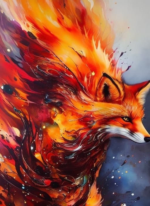 Detailed Fire Fox with Marbling and Oil Effects