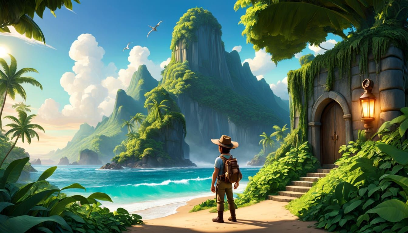 Explorer at Treasure Cache in Pixar 3D Style