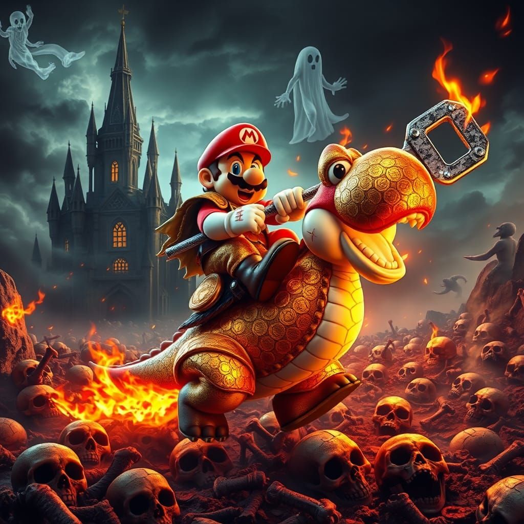Mario,  riding a fire-breathing Yoshi.