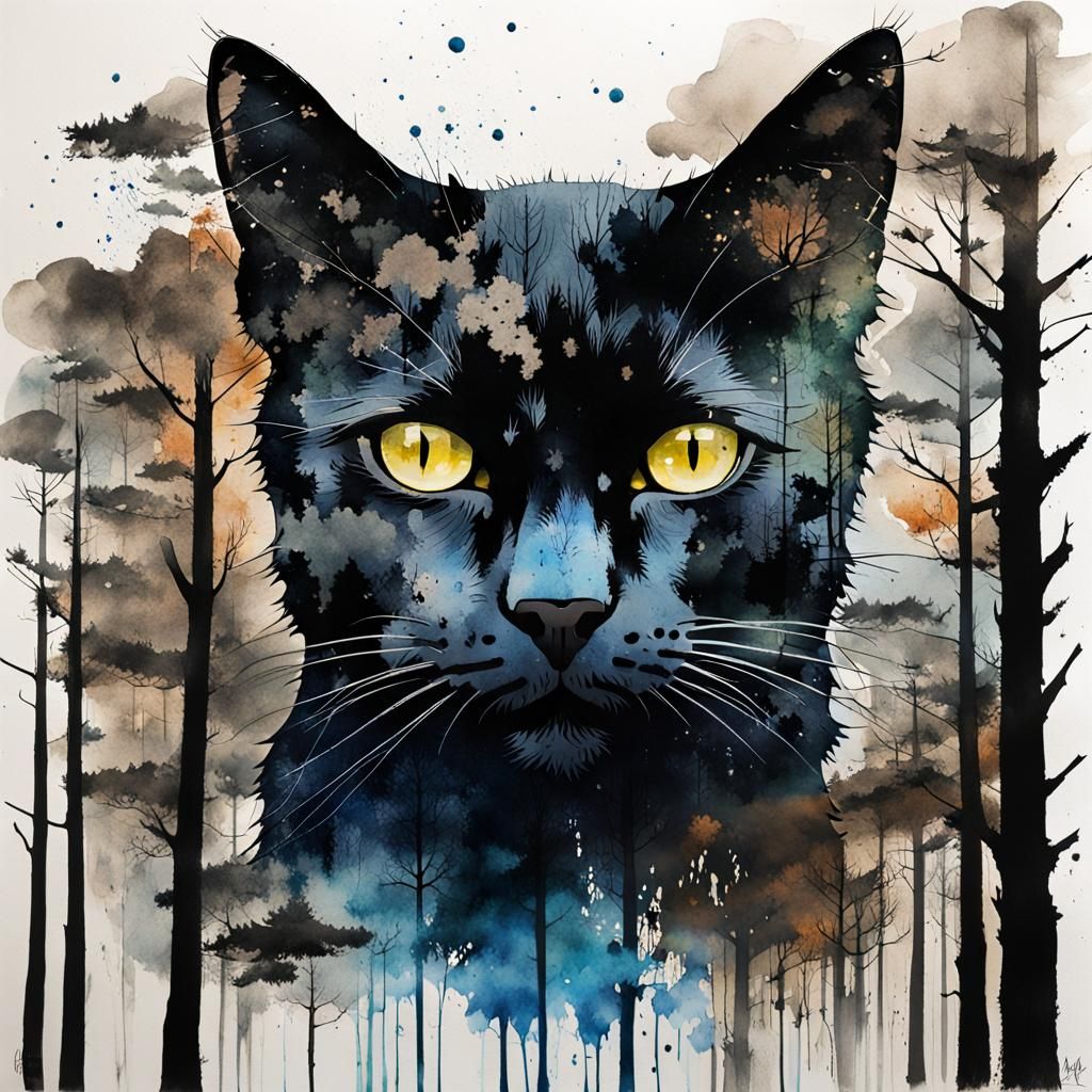 Ethereal Black Cat in Vibrant Double Exposure
