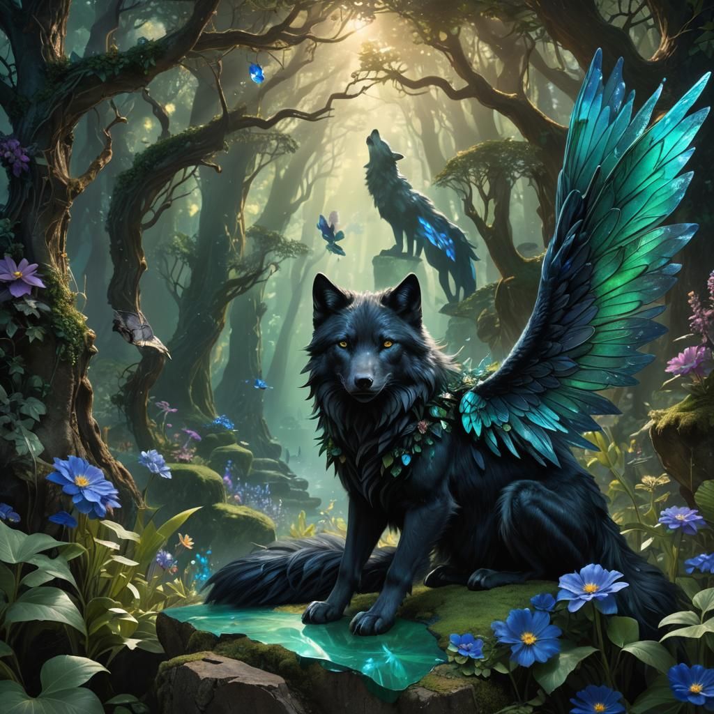 Mystical Forest Scene with Iridescent Fairy and Majestic Wol...