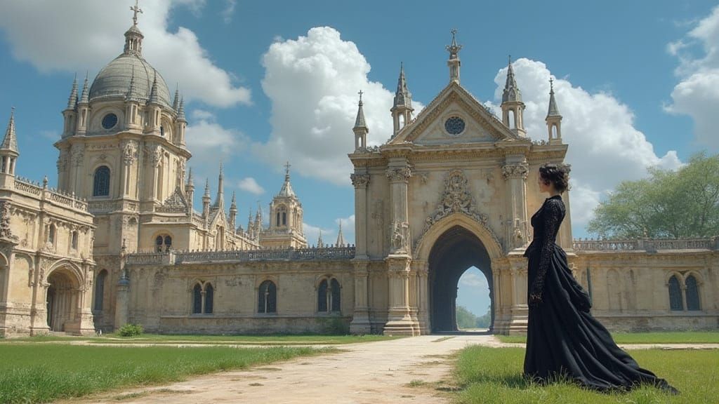 Gothic Woman in Ornate Cathedral, Dark Romanticism