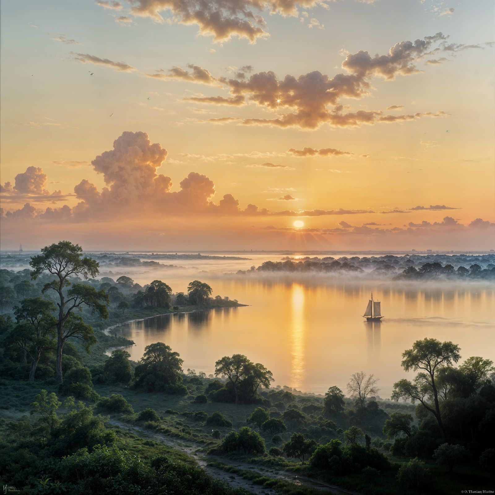 19th Century Tampa Bay Dawn Mist Landscape in Luminist Style