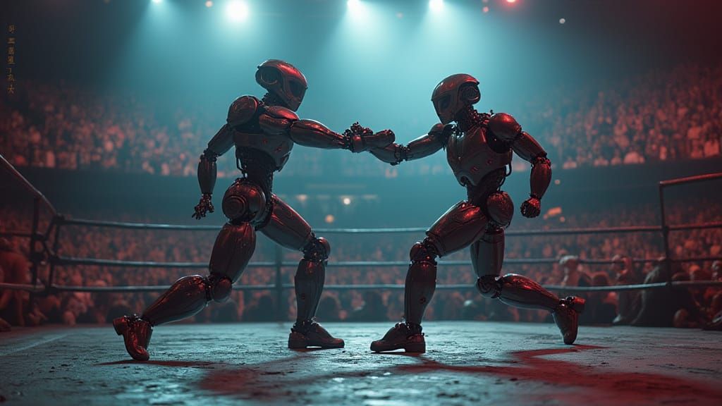 Robots Clash in Boxing Ring: Hyperrealistic Sci-Fi Fight