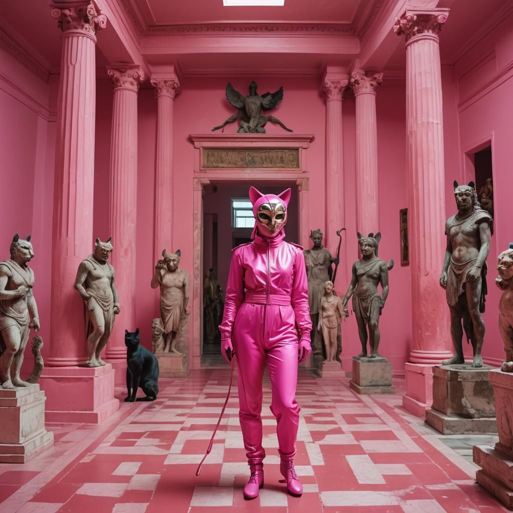 Surreal Goddess in Neon Pink Regalia Amidst Greek Antiquitie...