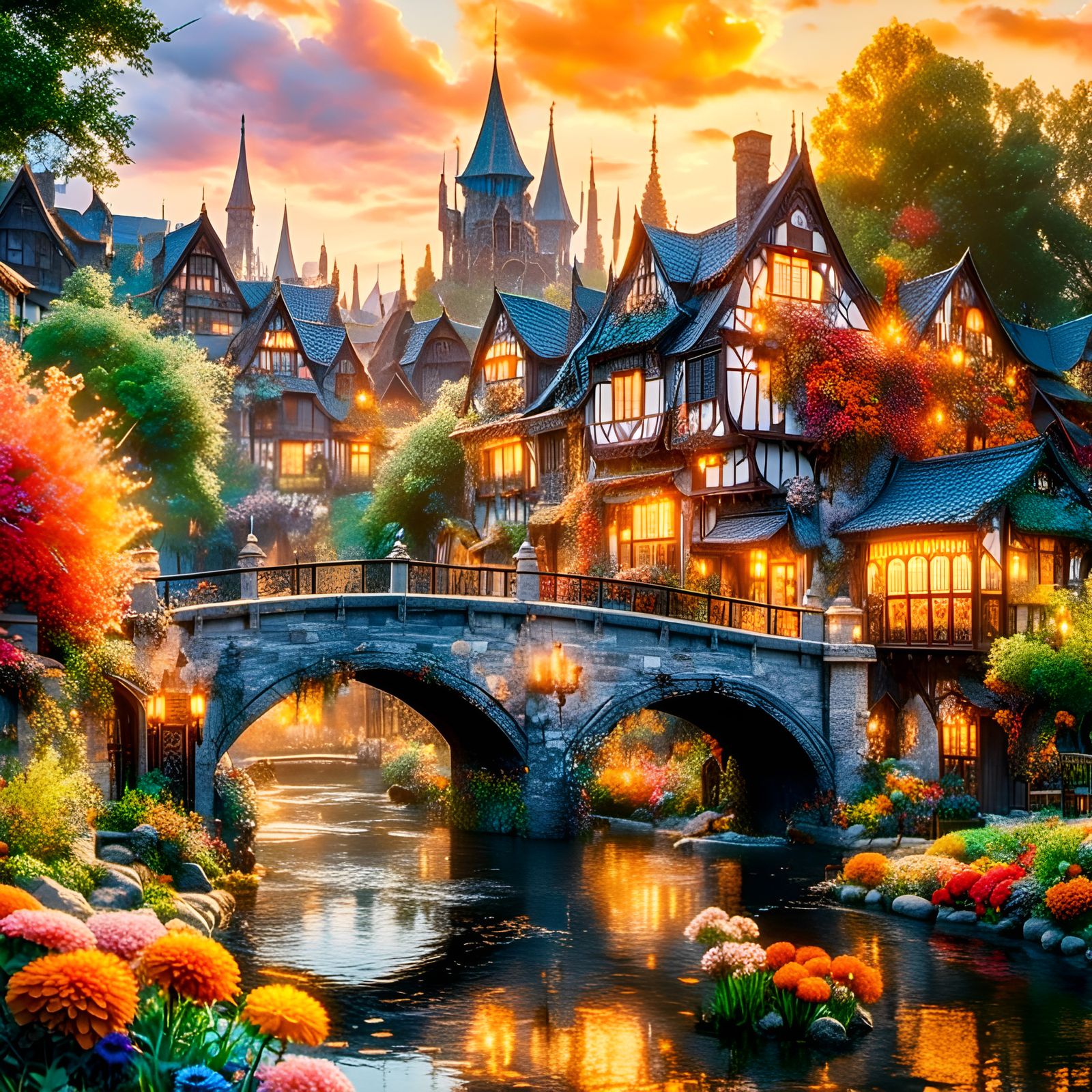 Cozy Medieval Town in Warm Sunset hues with Cottagecore Engl...