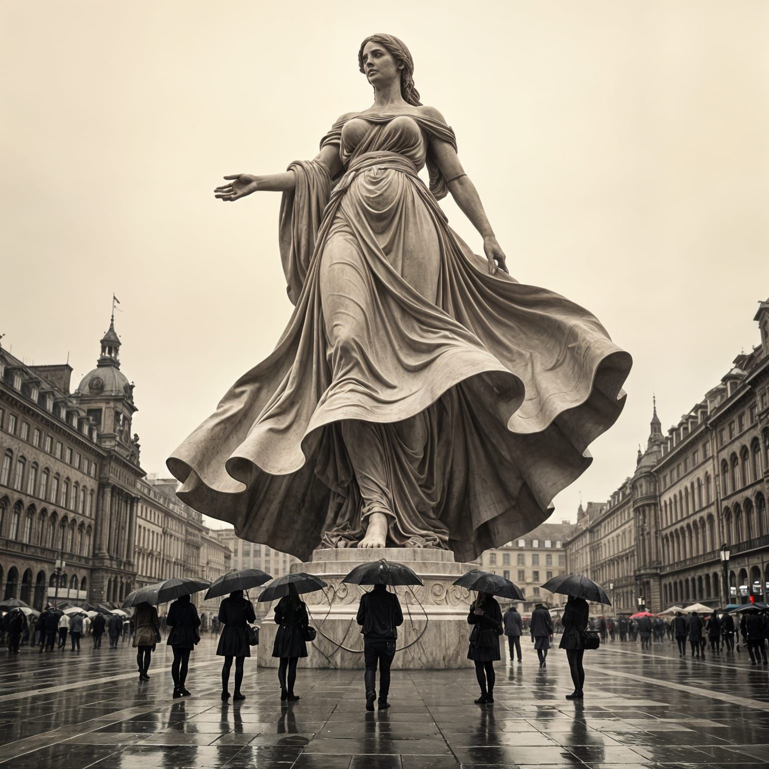 Colossal Statue of Woman in Skirt on Rainy Day
