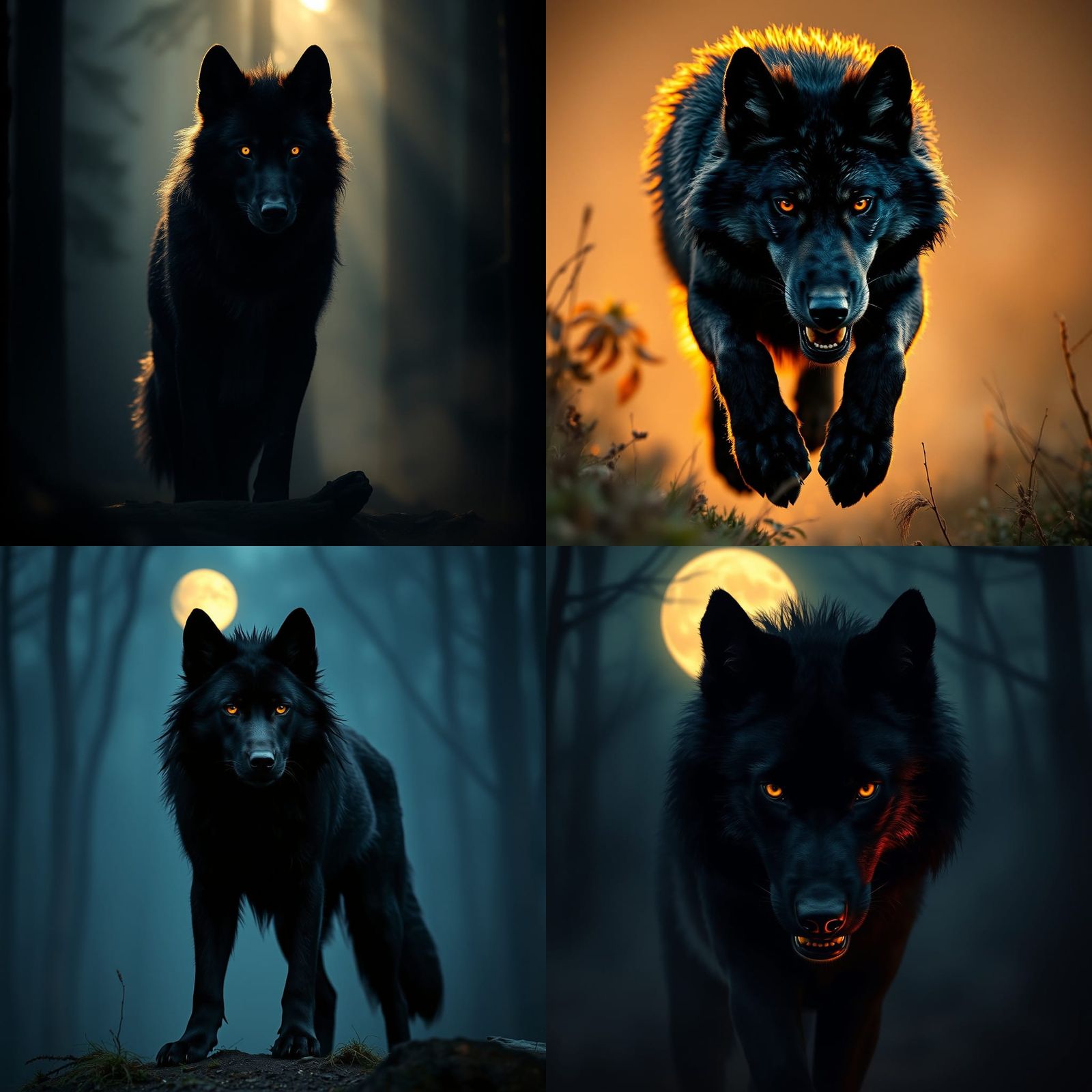 Alpha Wolf in Cinematic Black Form with Blazing Orange Eyes