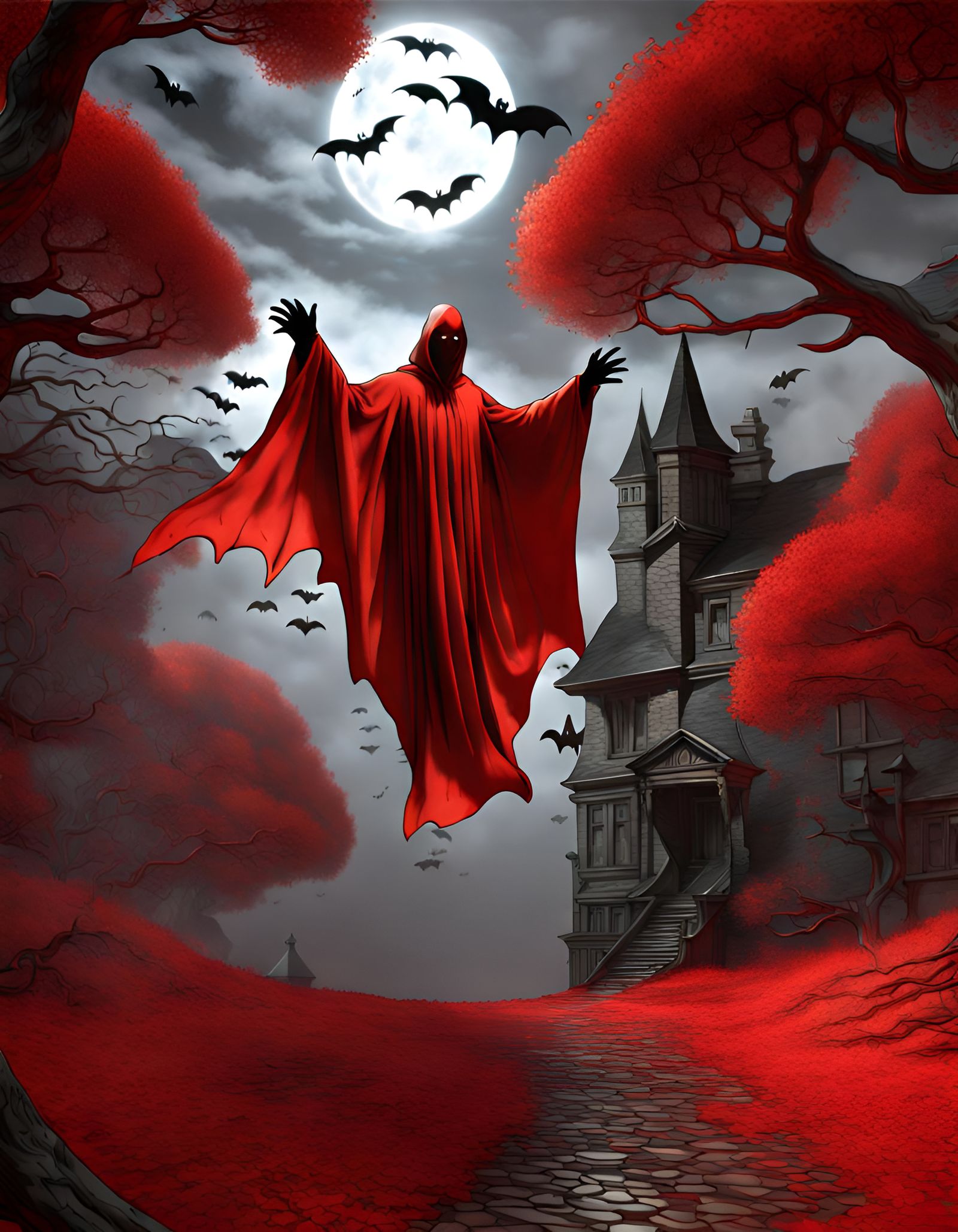 Ethereal Crimson Phantom Soars Through Haunted Landscape