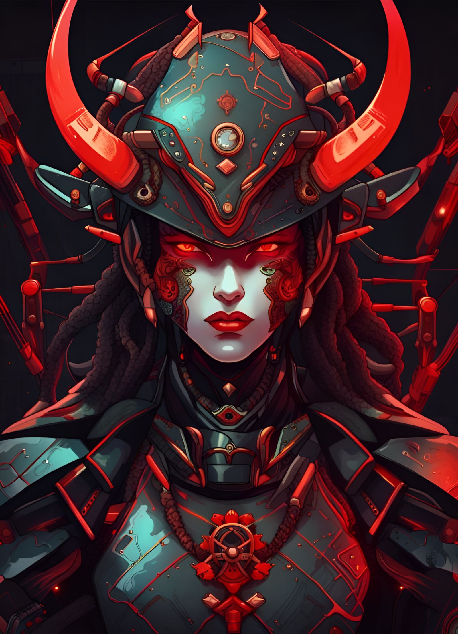 Glowing Red-Eyed Taurus Samurai in Dark Cyberpunk City