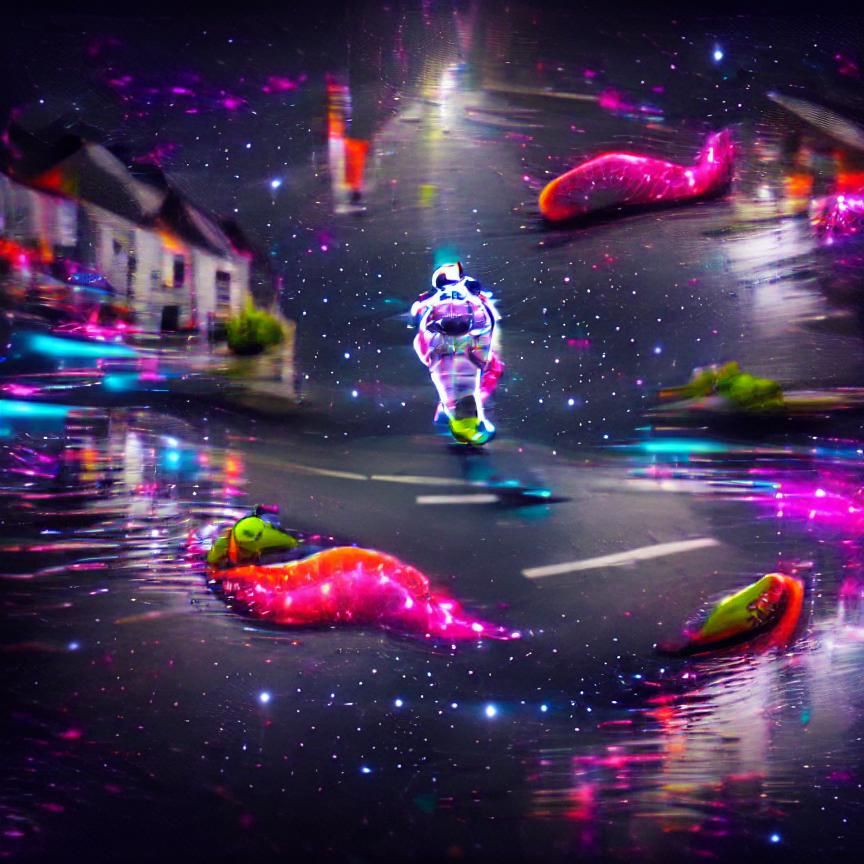 Cosmic Astronaut Descends in Neon Cityscape