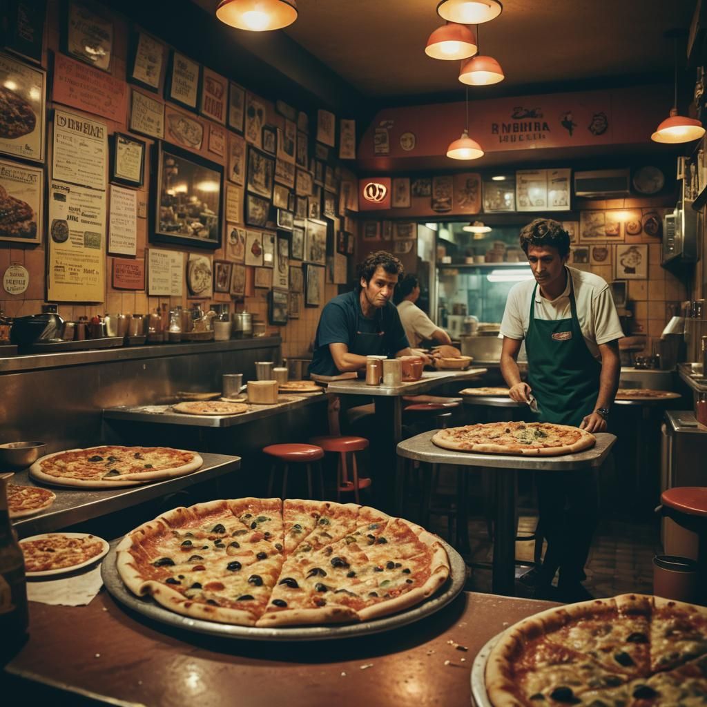 Bustling São Paulo Pizzeria in Warm Cinematic Light