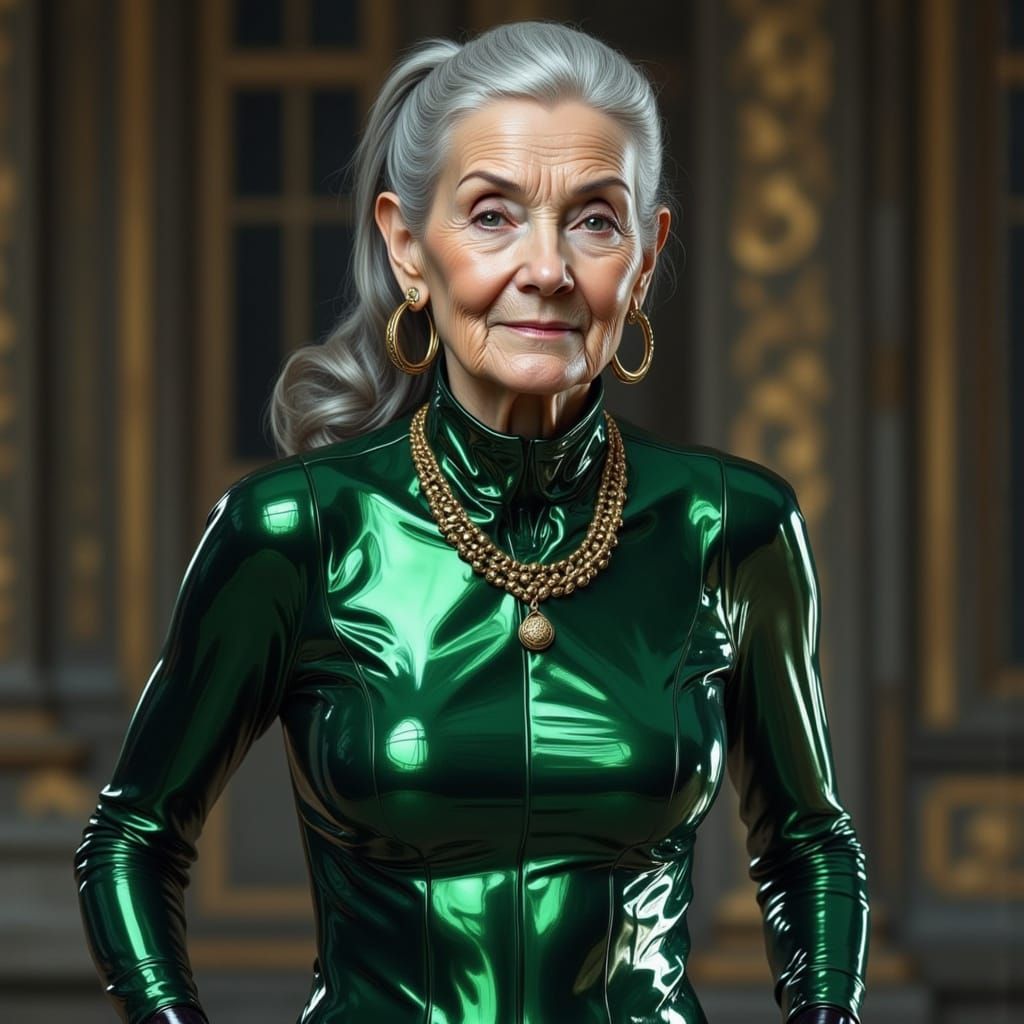 Elegant Elderly Woman Dancing in Metallic Catsuit