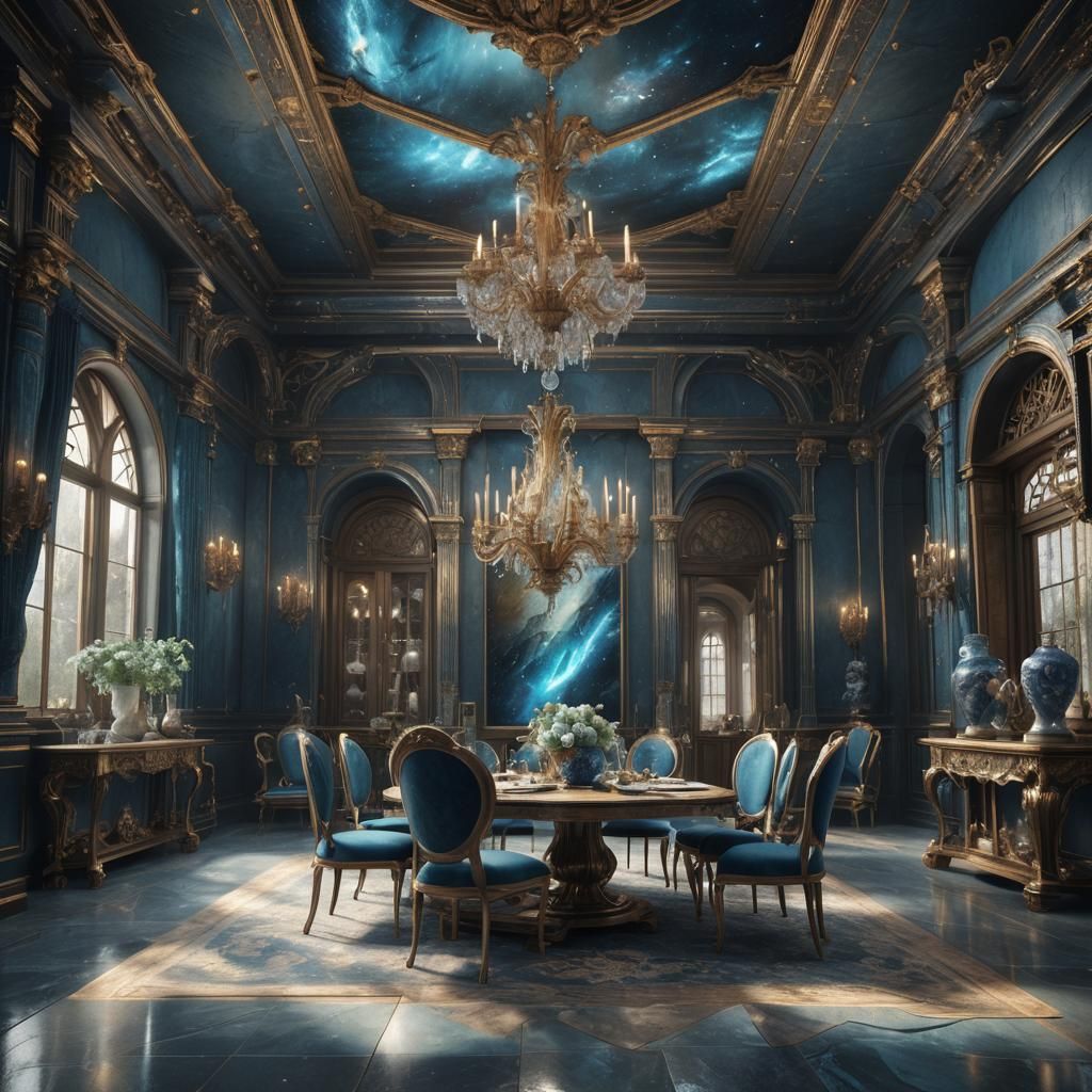 Mystical Blue Dinning Room in Deep Fantasy Art