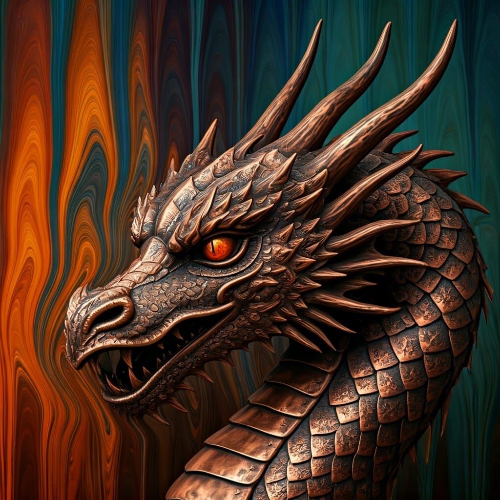 Cyberpunk-Style Copper Dragon Sculpture in Surreal Oil Paint...