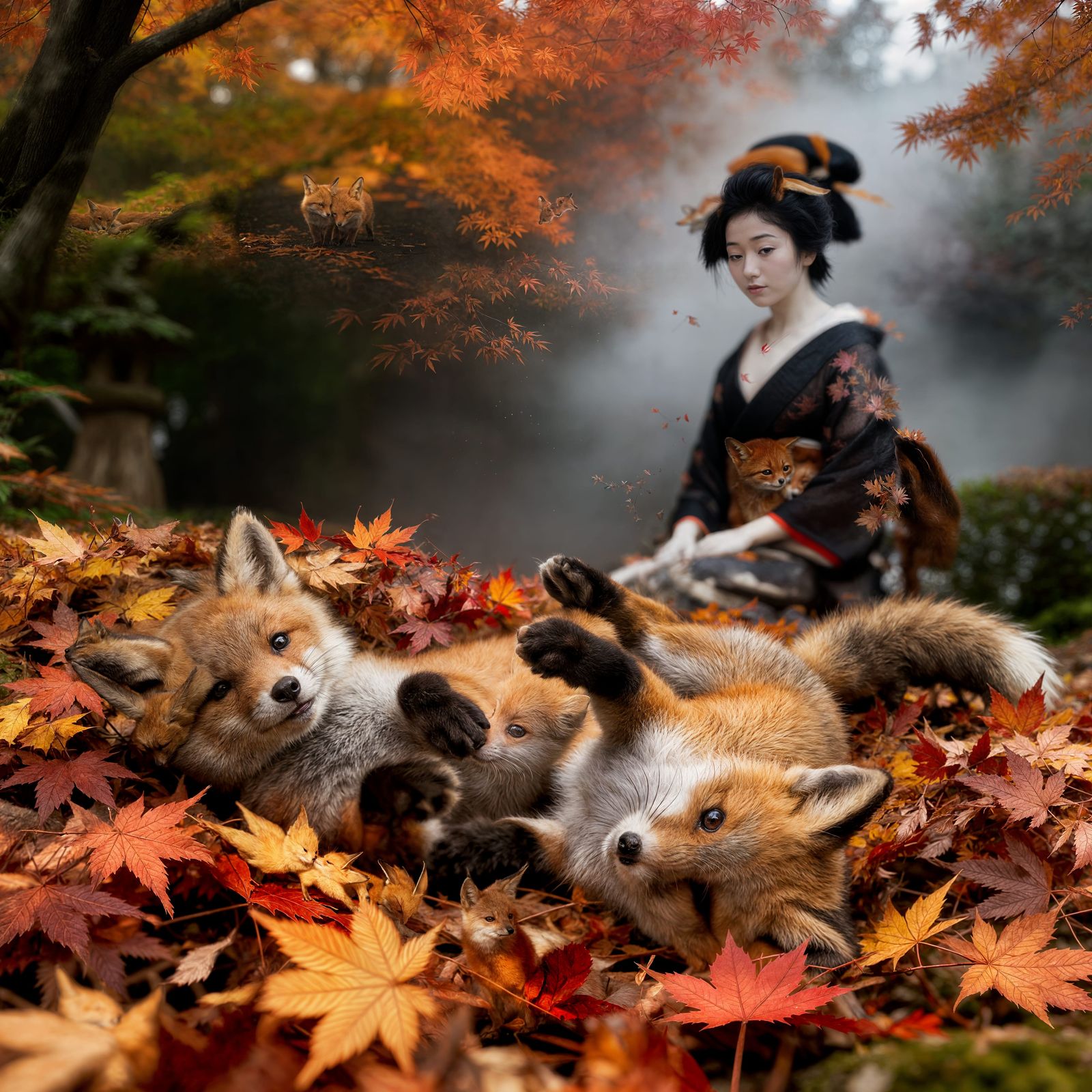 Baby Foxes Play in Autumn Leaves Before a Geisha