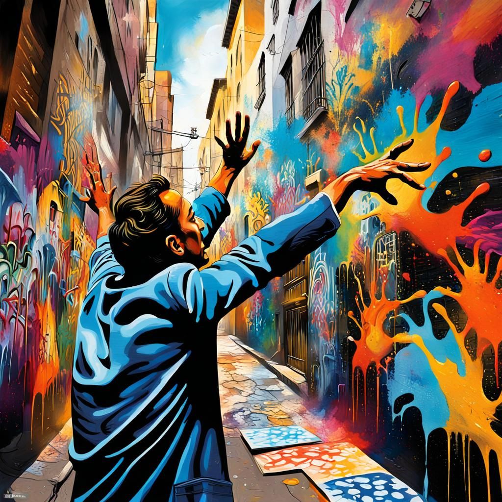 Vibrant City Scene in Salvador Dali-Inspired Street Art Styl...