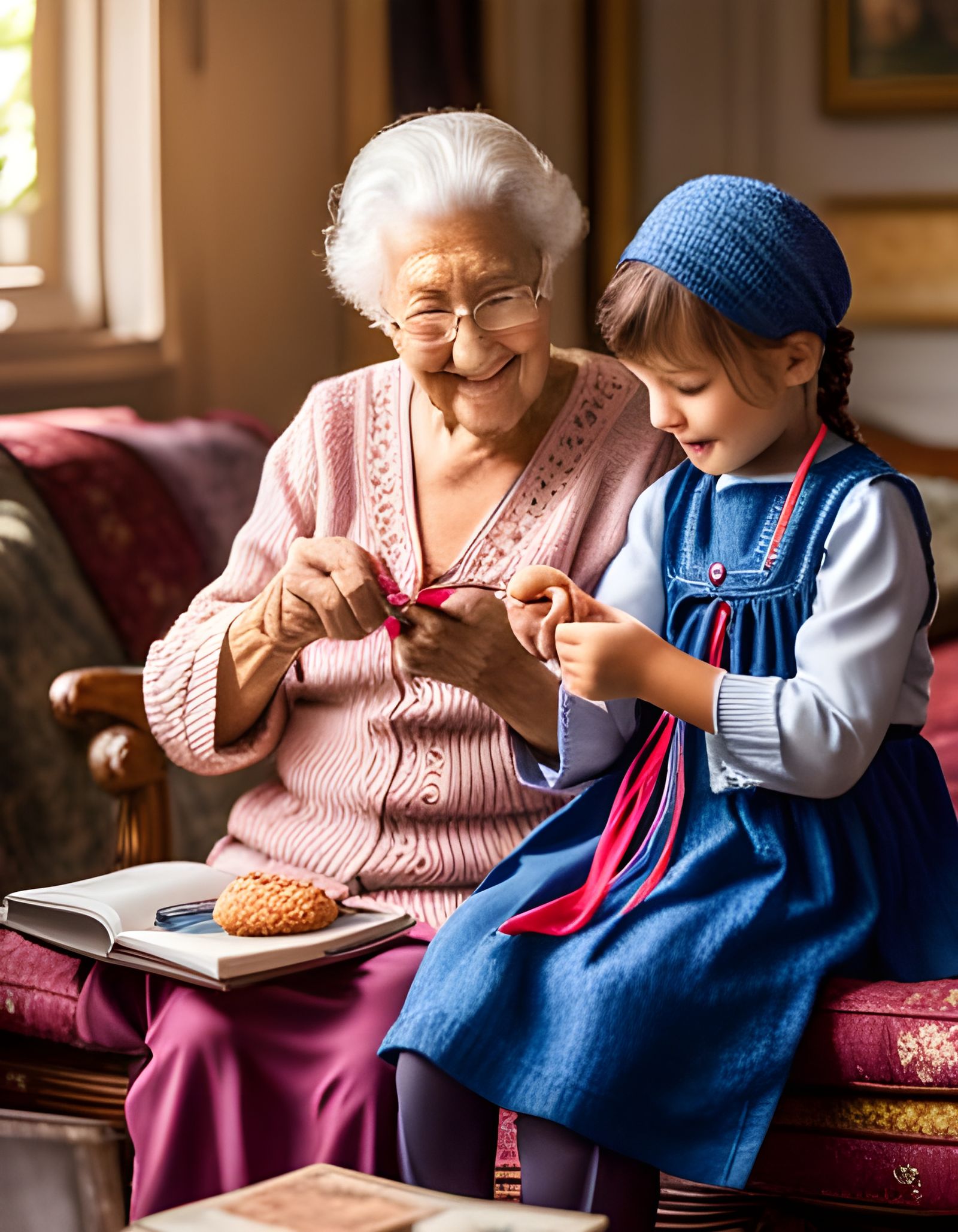 Grandmother Teaches Knitting: Detailed Digital Art