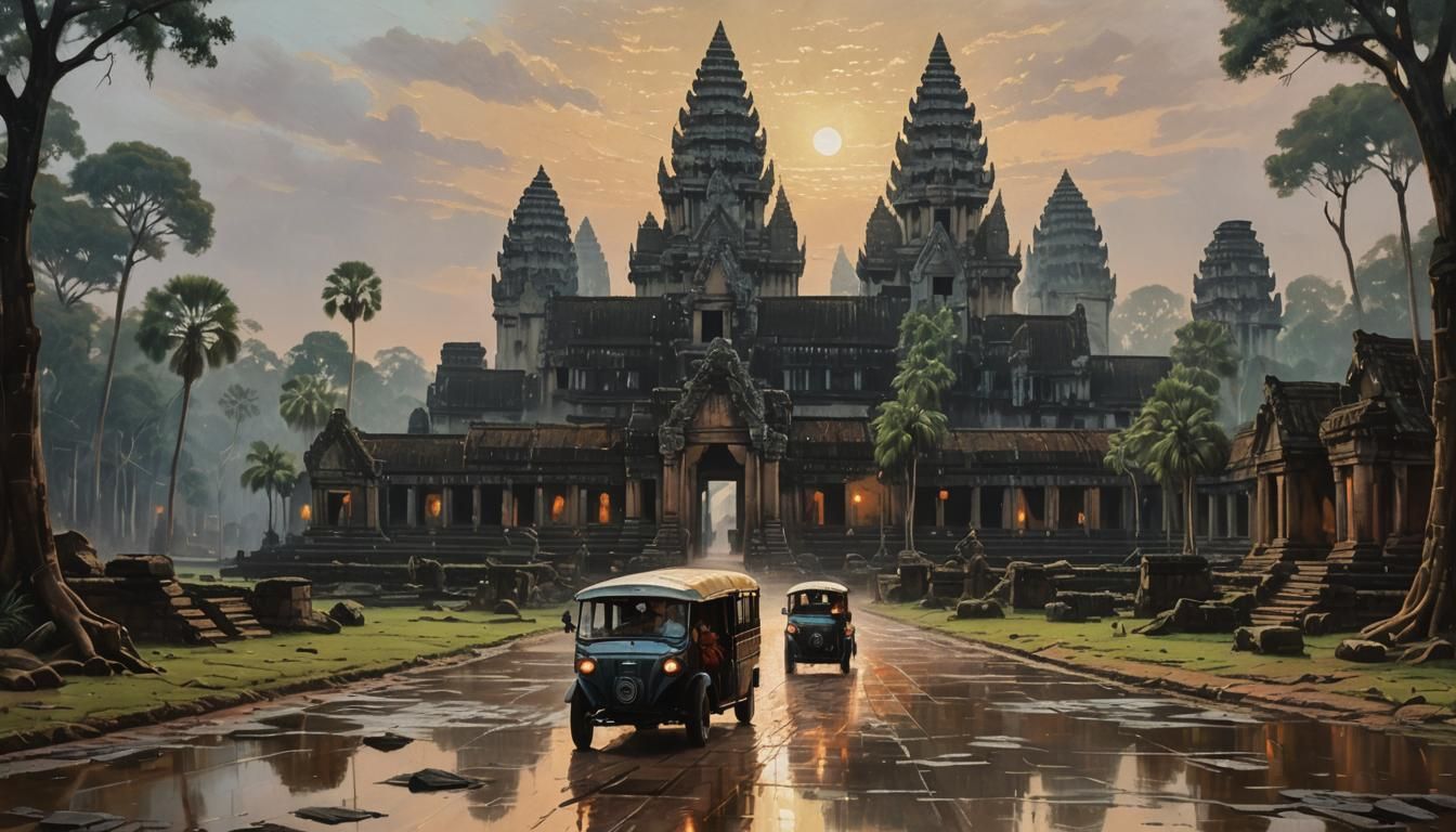 Medieval Masterpiece: Tuk-Tuk Amidst Ancient Angkor Wat Ruin...