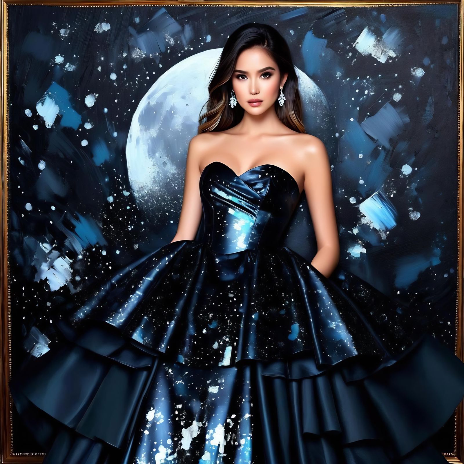 Mysterious Woman in Noir Light, Gazing into a Cosmic Reflect...