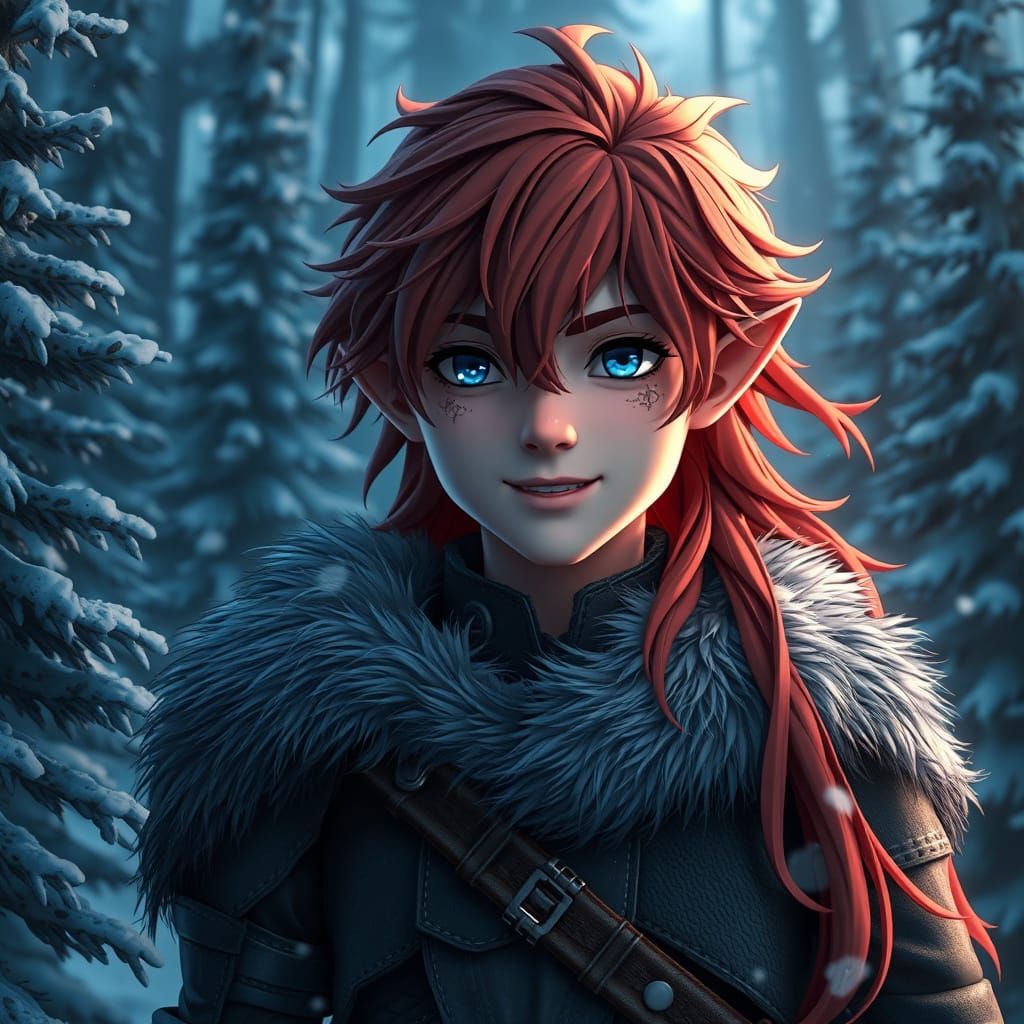 Smiling Elven Boy in Winter Landscape, Anime Art