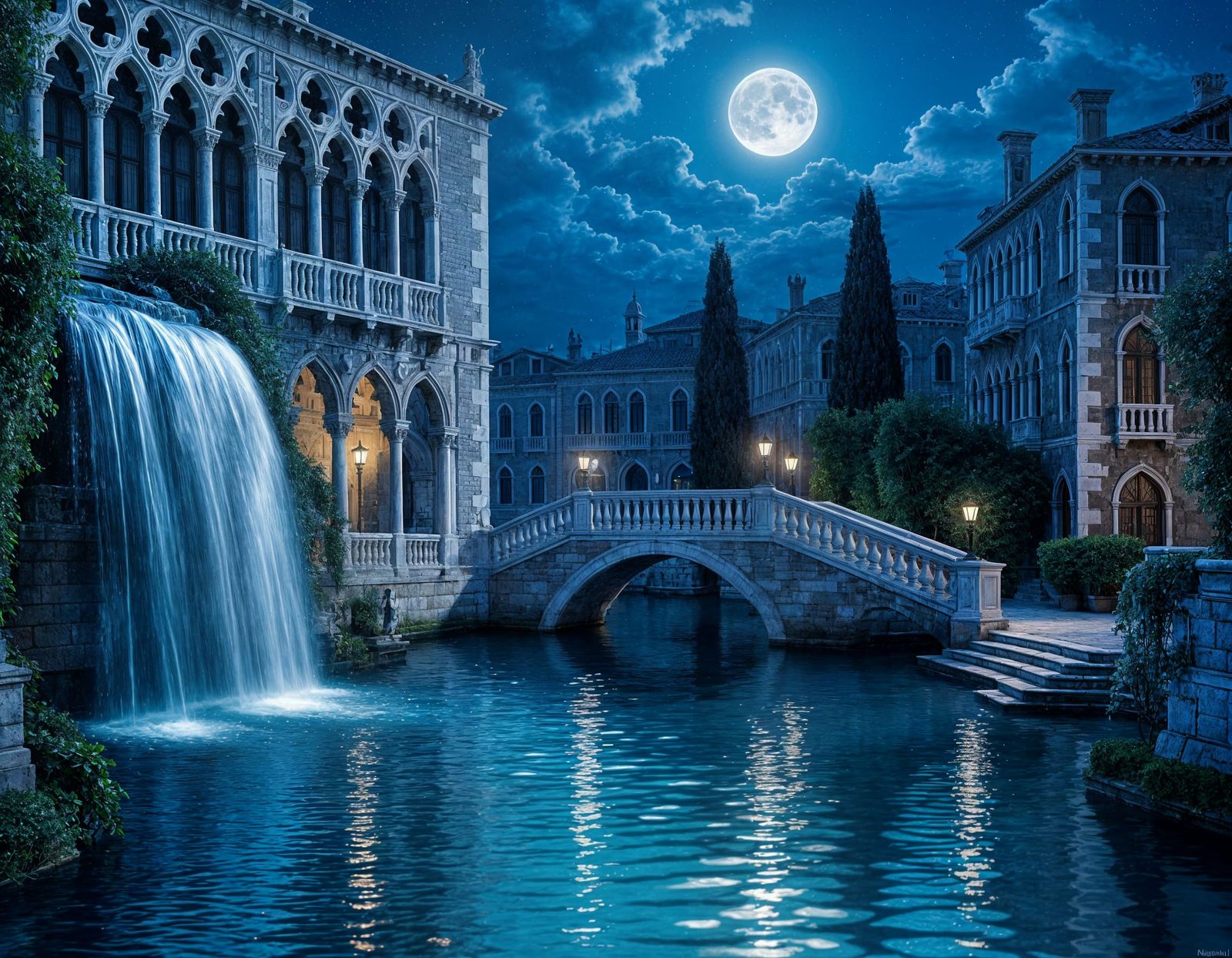 Venetian Palazzo Garden Illuminated by Moonlight