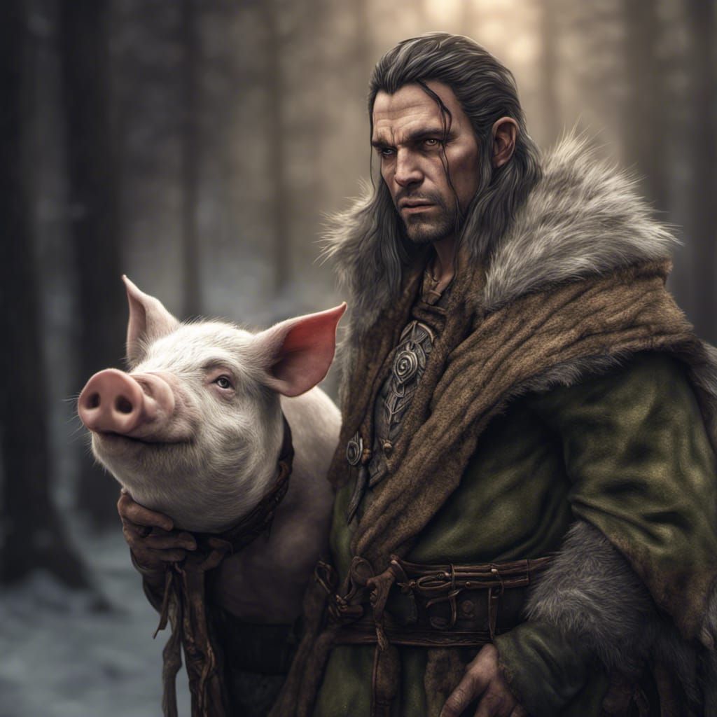Half Orc Druid with Pig Follower in Moody Wilderness