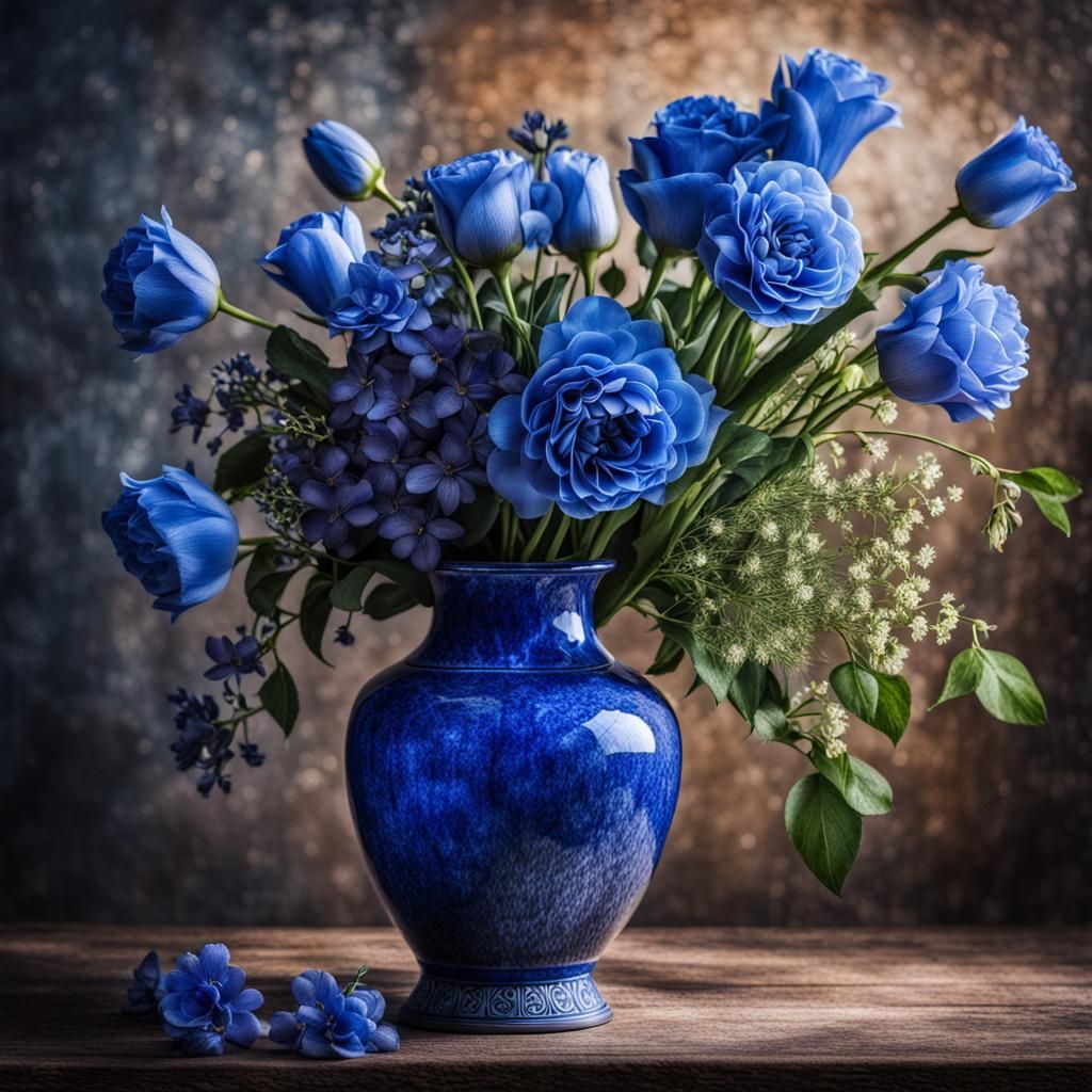 Hyperrealistic Floral Masterpiece in a Blue Vase