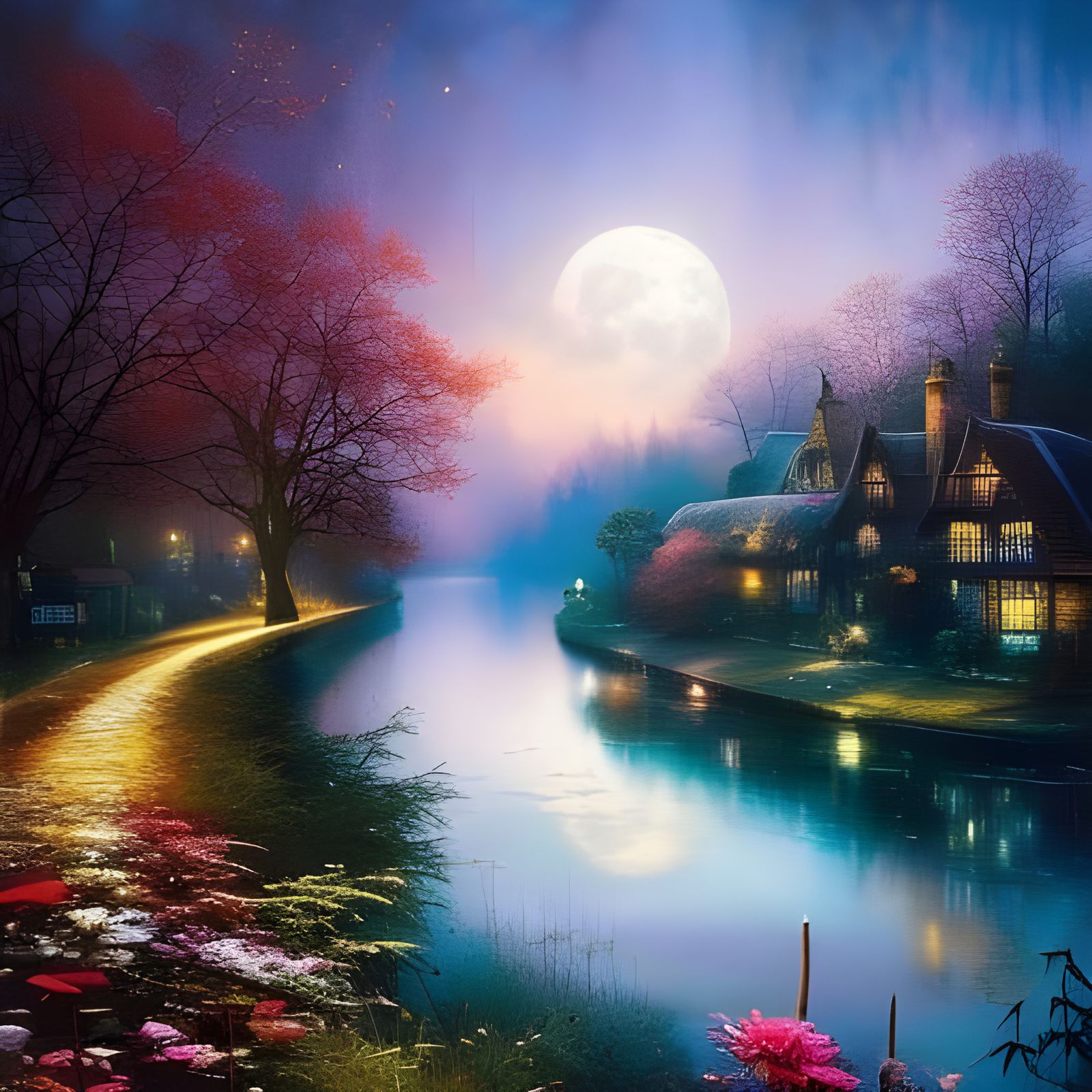 Serene Moonlit Countryside Scene