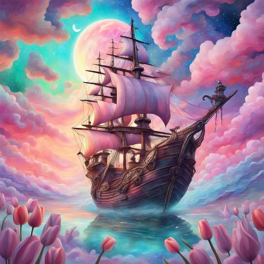 Pirate Ship Soars Through Ethereal Pastel Skies Amidst Whims...