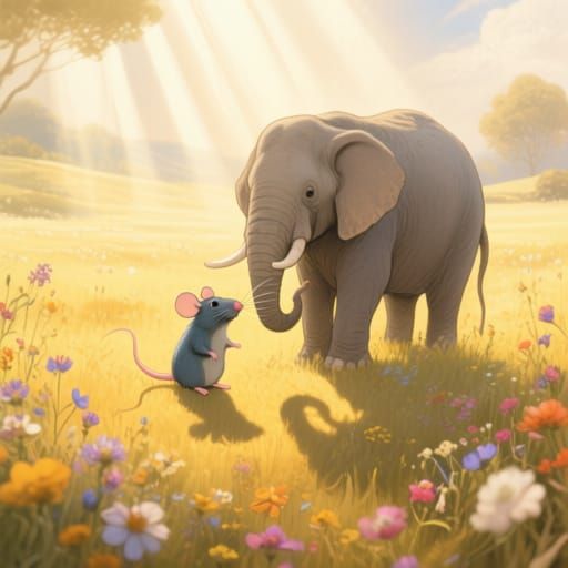 Mouse and Elephant Friendship in Golden Meadow