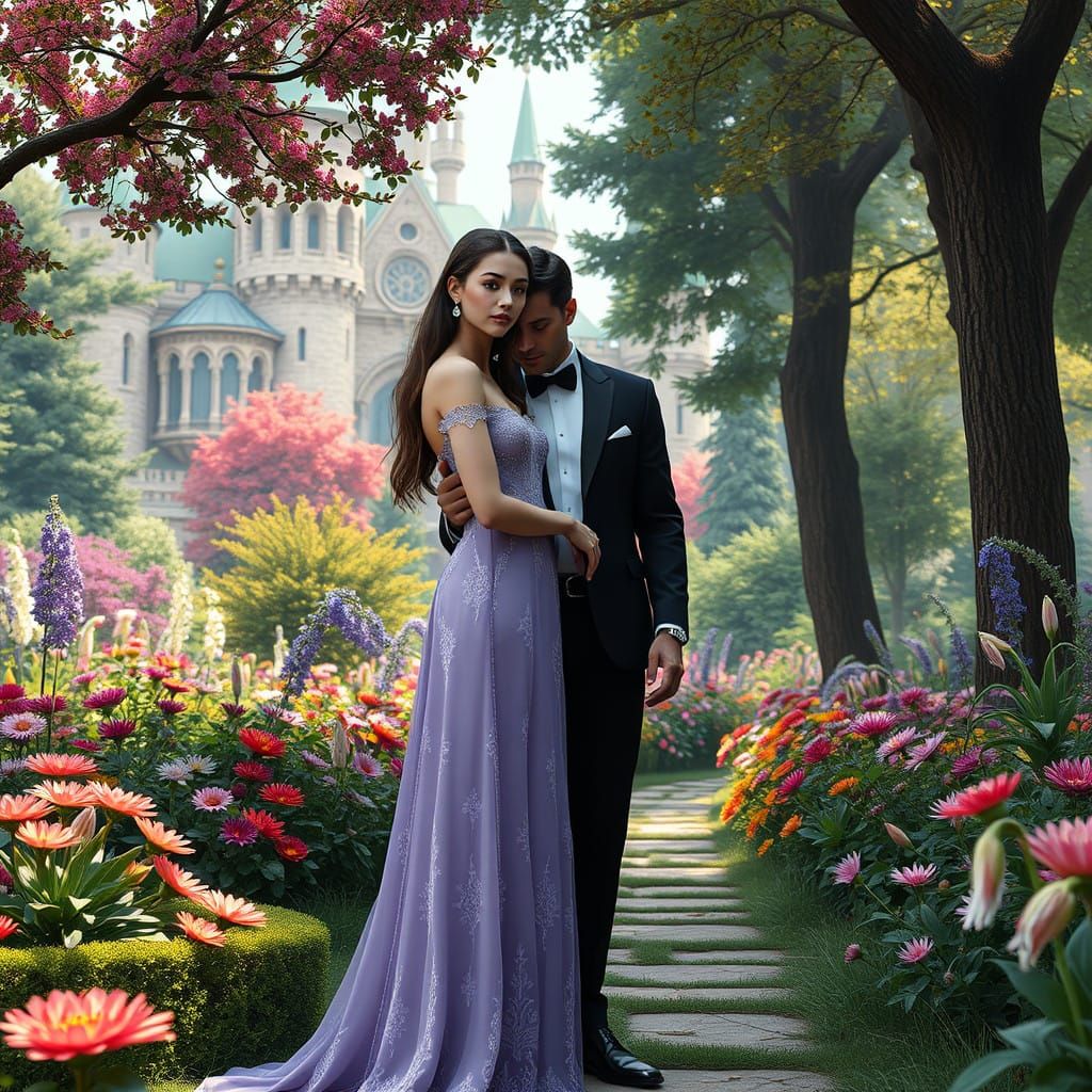 Luxurious Fantasy Couple in Lavender Castle Garden