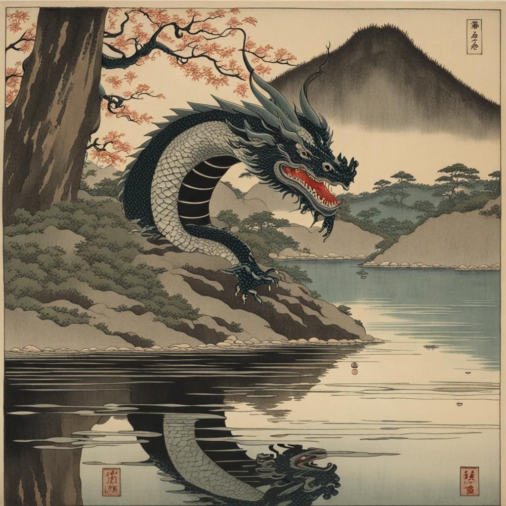 Dragon Reflects on Shin Hanga-Inspired Water's Edge