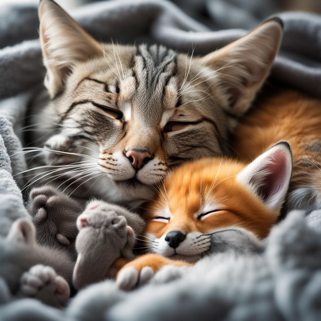 Motherly Grey Tabby Cat Cares for Kittens and Fox Cub
