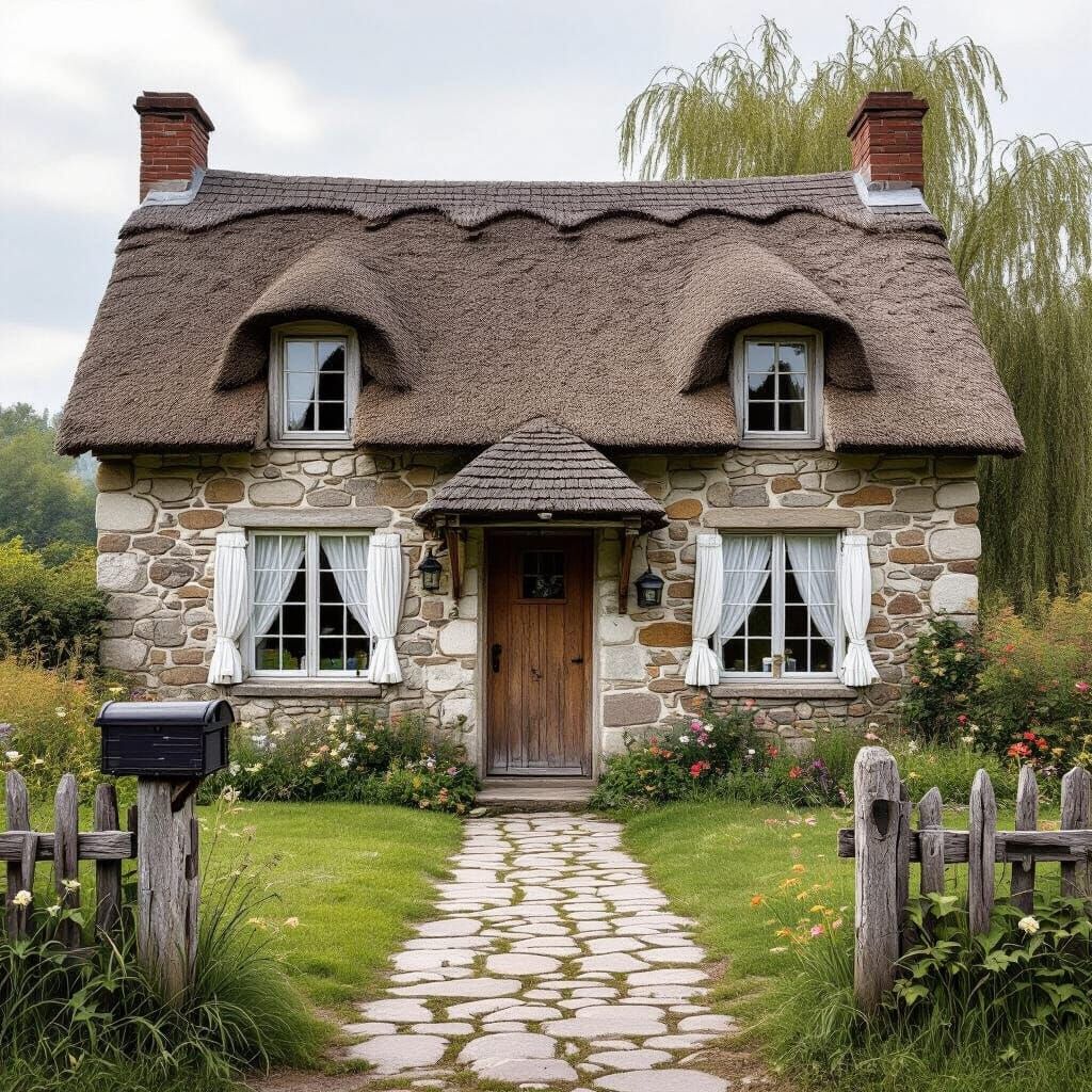 Grayscale Country Cottage with Thatched Roof and Willow Tree