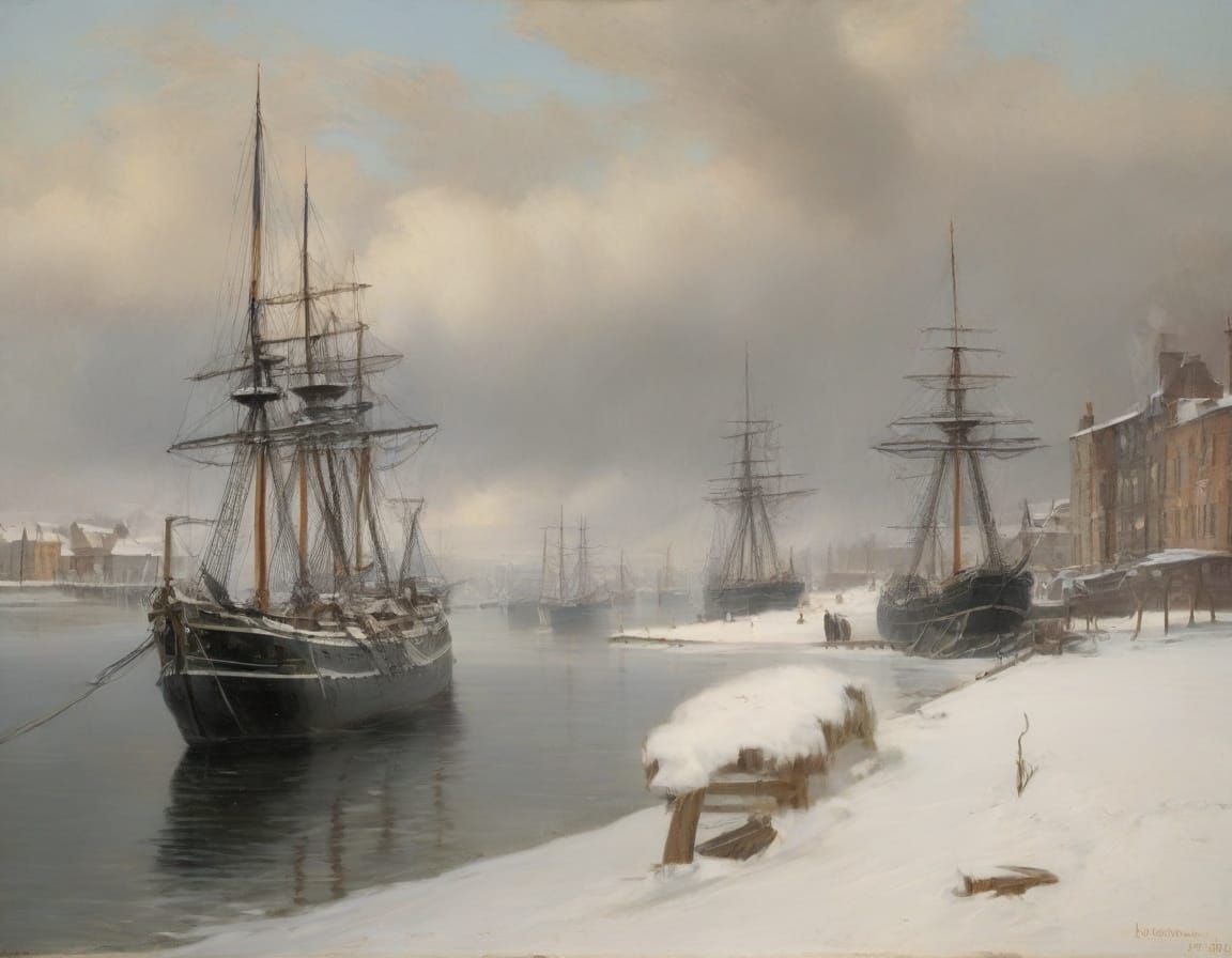 Historic Sailing Ships in Icy Winter Harbor