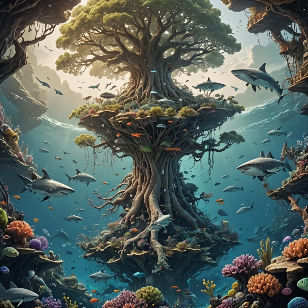 Enormous Ocean Tree Blooms with Tropical Vegetation and Tree...