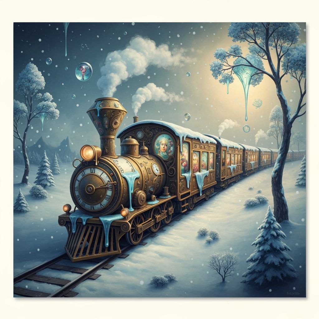 Surreal Clockwork Train Through Melting Winter Landscape