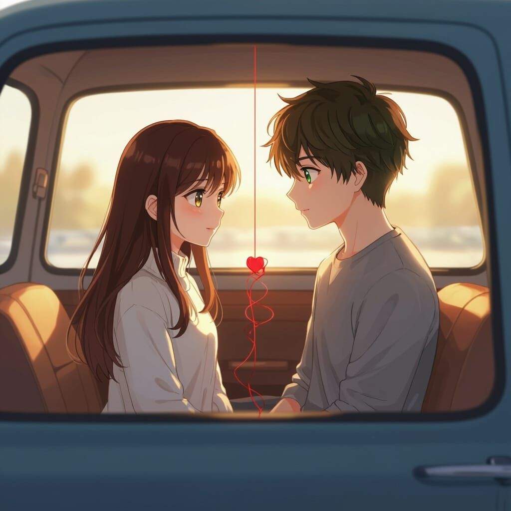 Anime Couple Connected by Red Thread in Cozy Car Interior