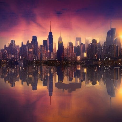 Epic New York City Skyline in a Galaxy of Colorful Sunset Hu...