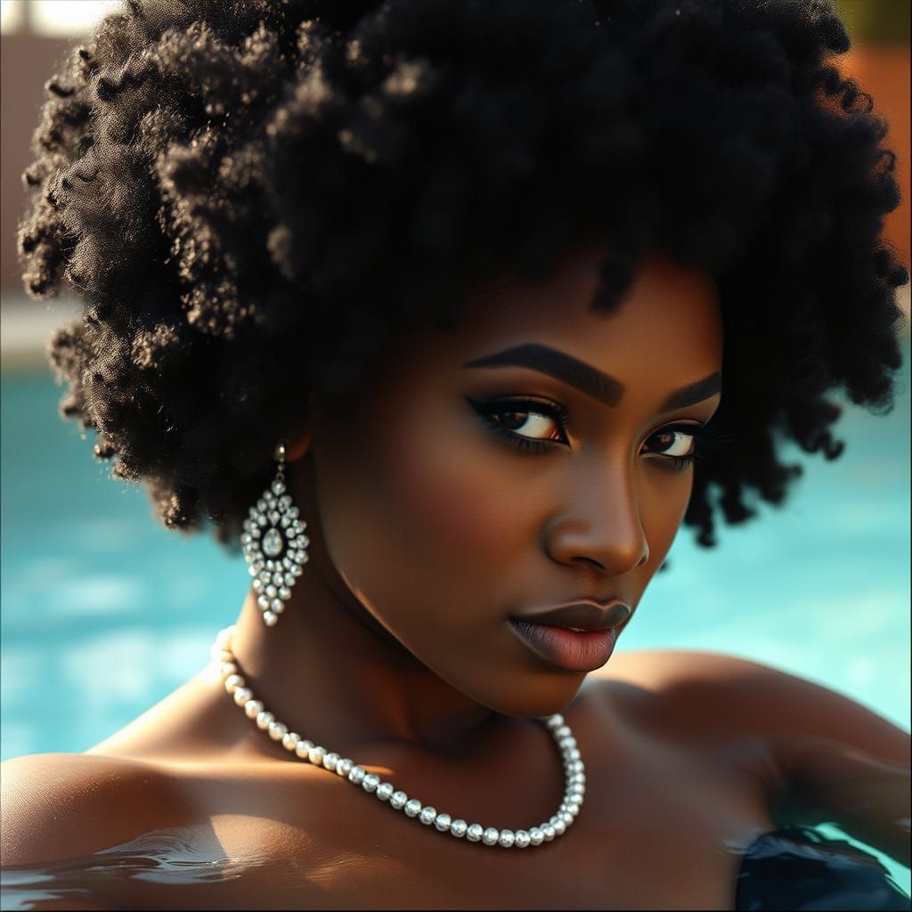 Stunning Afro-American Woman in Pool, Cinematic Style
