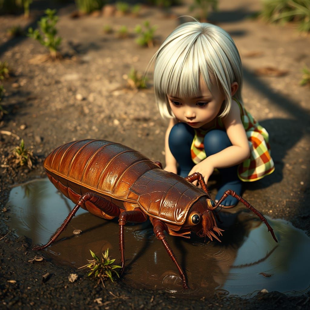 Gigantic Mole Cricket in a Puddle, Observed by a Curious Gir...