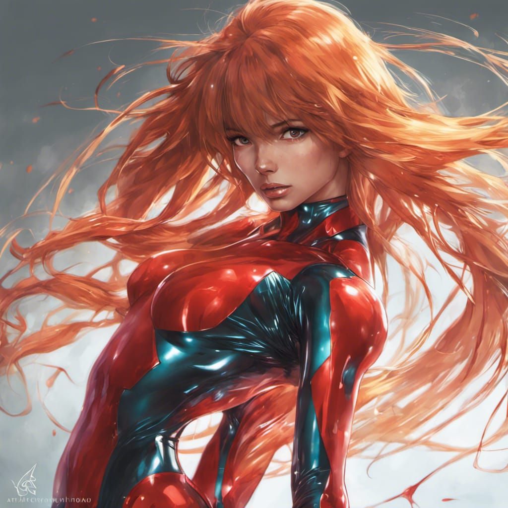 Asuka Langley Shiny Plugsuit Portrait in Hyperrealistic Styl...