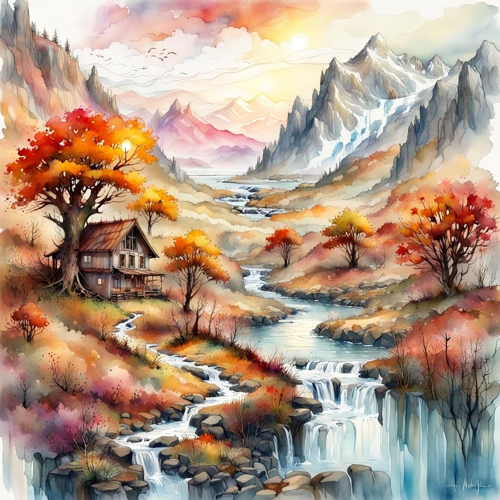 Utopian Watercolor Scene with Vibrant Autumn Landscapes
