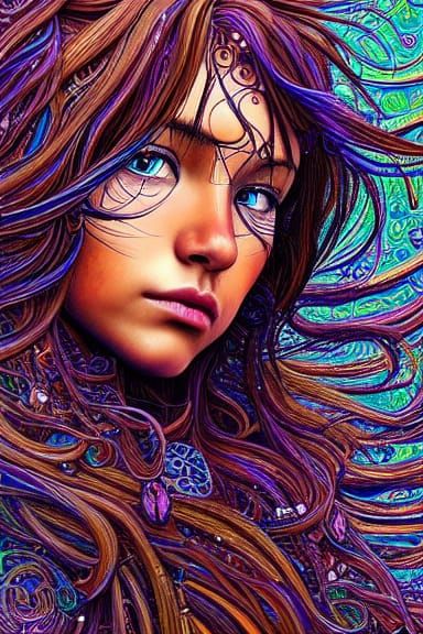 Detailed Native American Woman in Rain, Digital Art