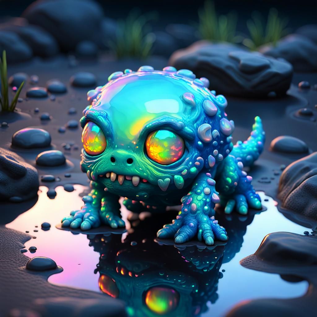 Surreal Chibi Monster Glows in Sparkling Puddle - Fantasy Ar...